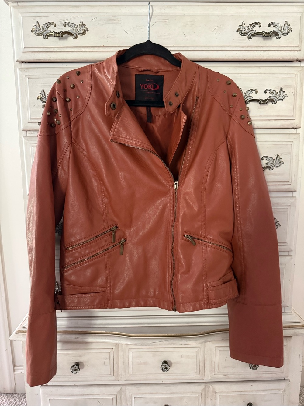 Yoki New York  Rust-Orange Faux Leather Studded Shoulder moto Jacket
